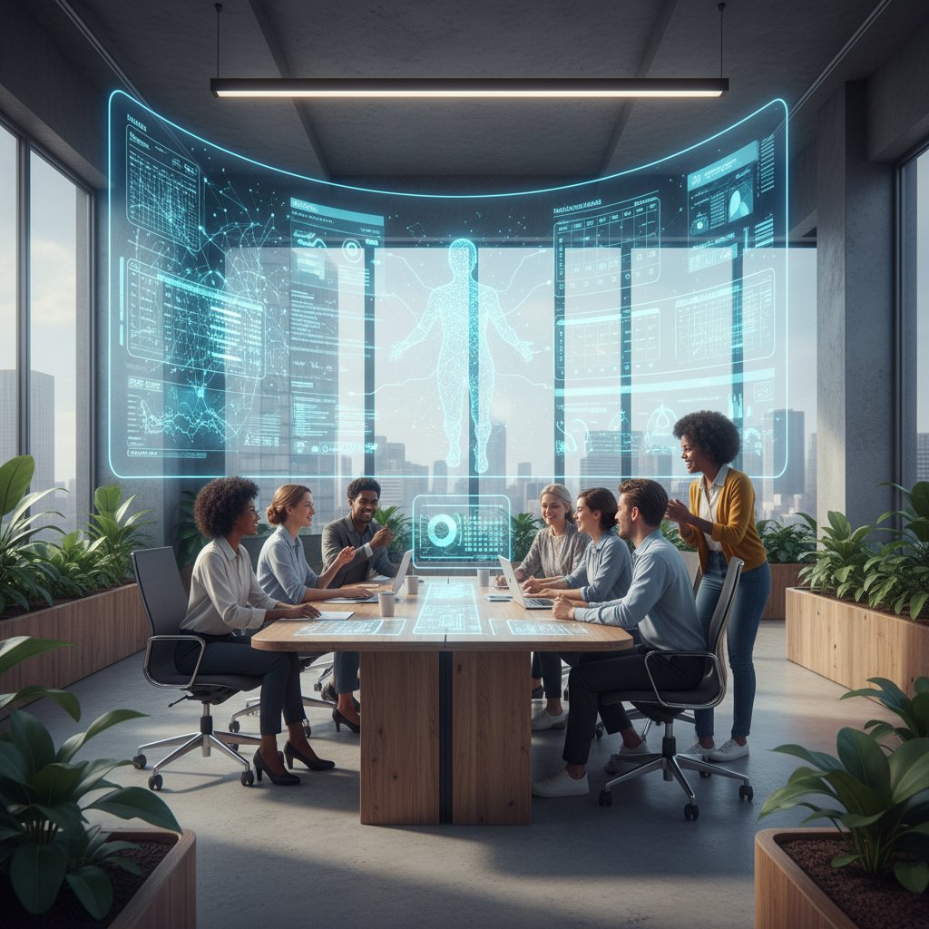 Nowoczesny open space z AI planującym spotkania na ekranie komputera, zadowolony zespół obserwuje wyniki