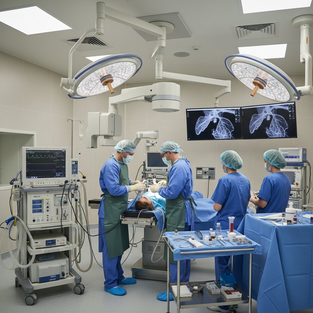 Nowoczesna sala zabiegowa podczas chemoembolizacji – widok na zespół medyczny i sprzęt