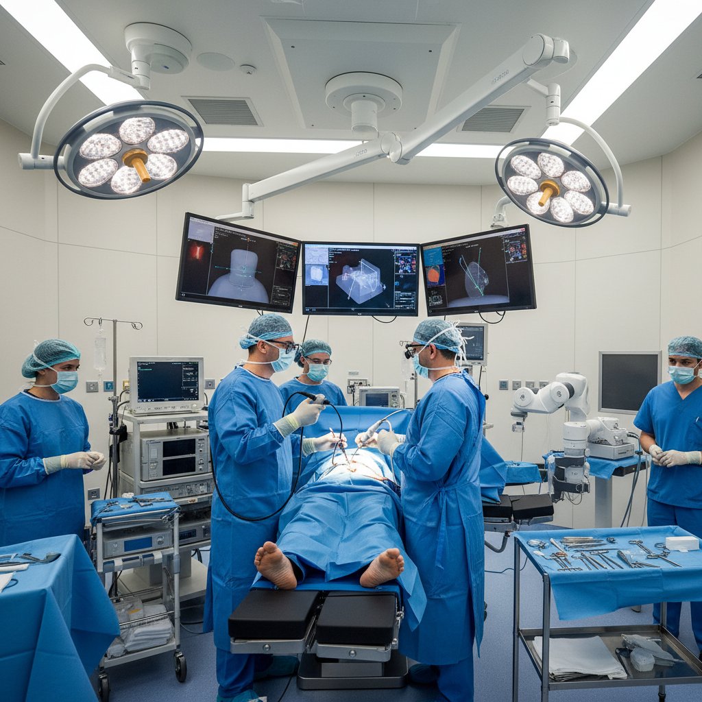 Nowoczesna sala operacyjna, chirurg korzystający z nawigacji komputerowej podczas osteotomii