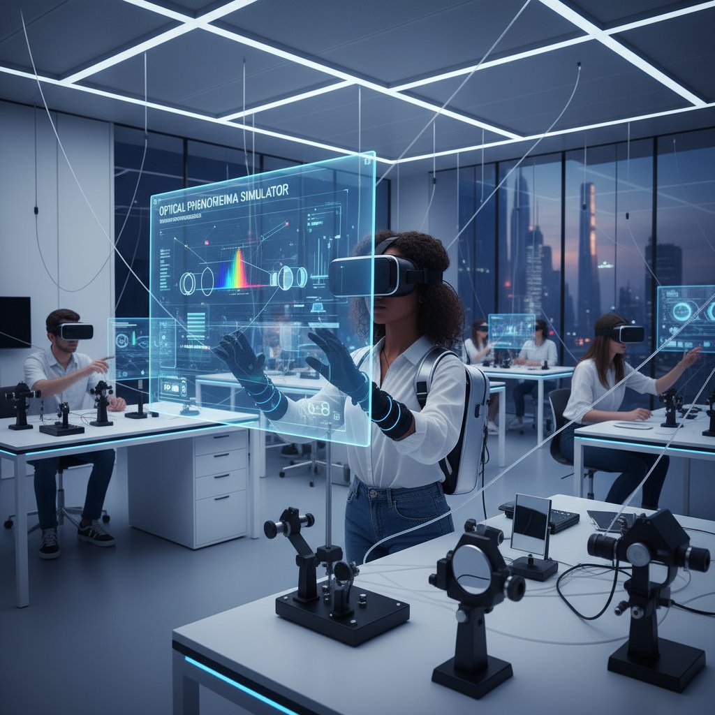 Nowoczesne laboratorium optyczne online, student korzystający z gogli VR i symulacji świetlnych