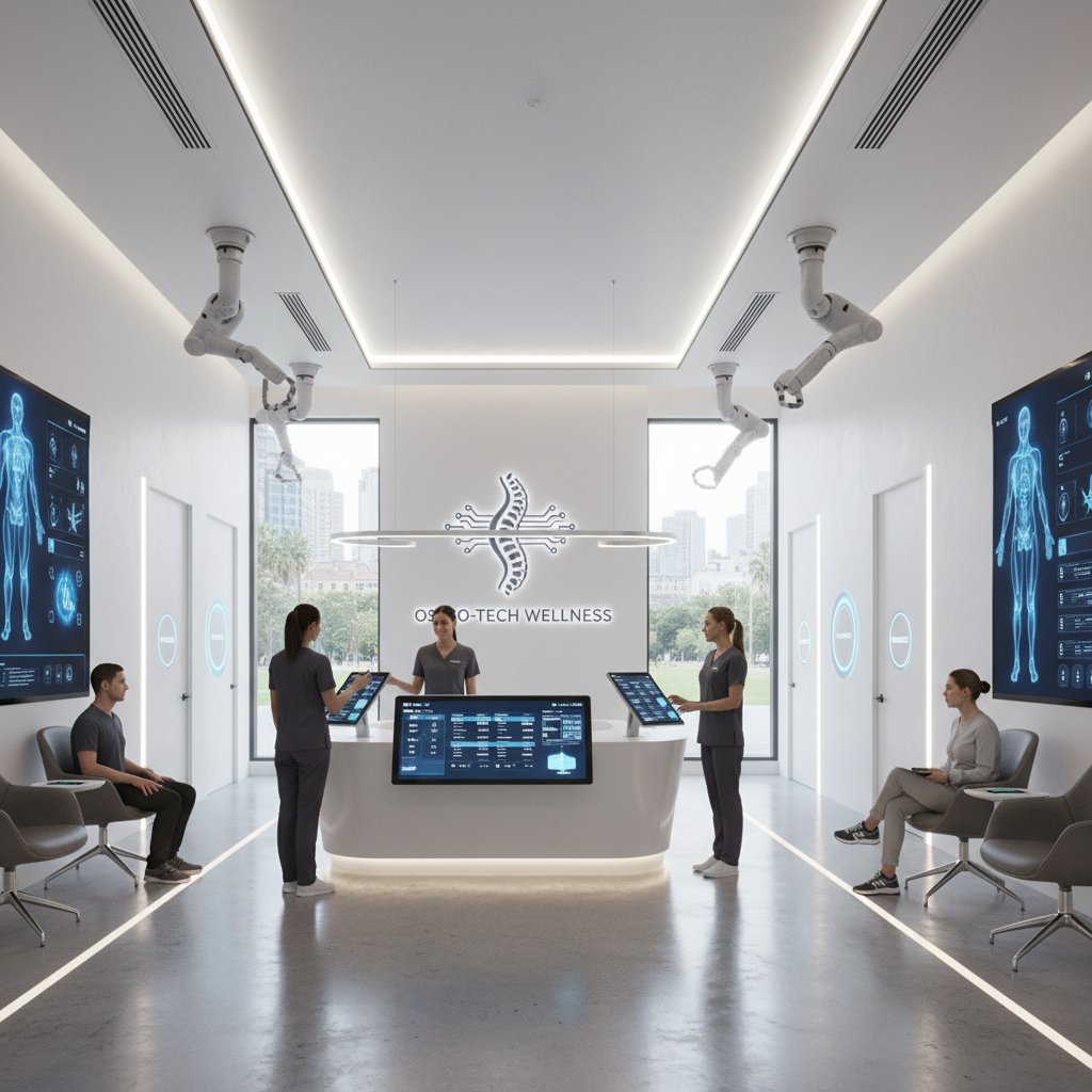 Nowoczesny gabinet osteopatyczny z ekranem komputera i technologiami wspierającymi terapię