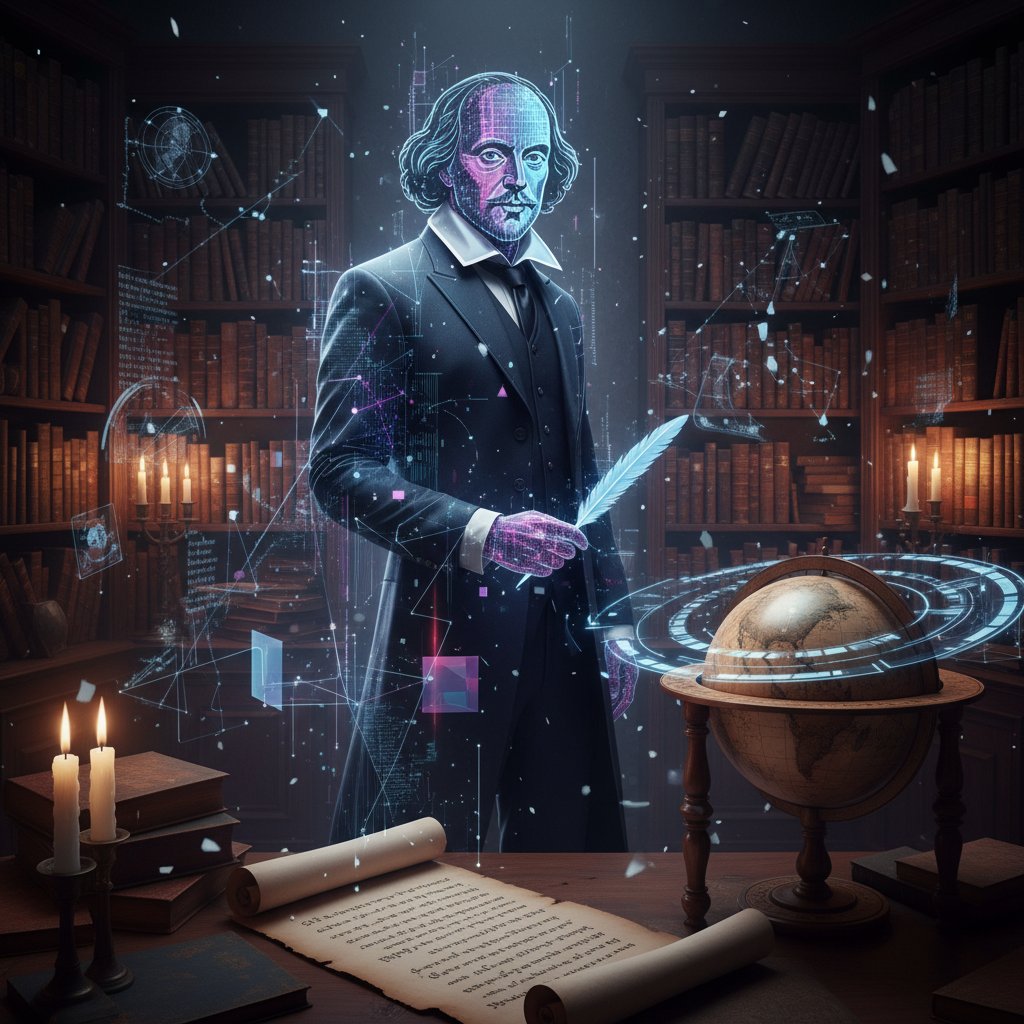 Nowoczesna osoba rozmawiająca z cyfrową postacią historyczną w tajemniczym gabinecie