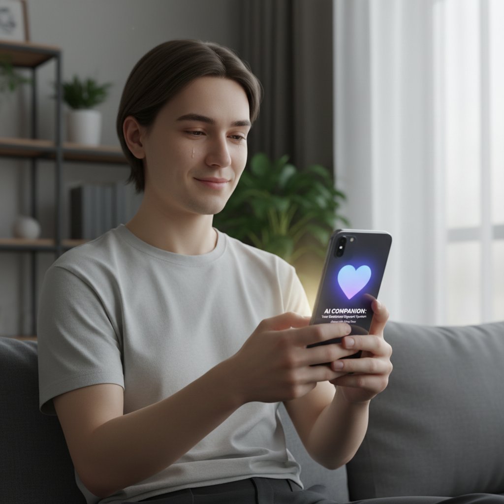 Nowoczesna osoba korzystająca z aplikacji mobilnej na tle miejskiej kawiarni, serce na ekranie, słowa kluczowe: psycholog.ai, sztuczna inteligencja, emocje, wsparcie online