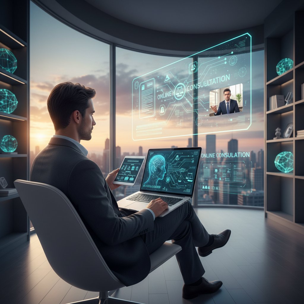 Nowoczesna scena – młoda osoba z laptopem i tabletem, cyfrowa wizualizacja AI w tle, konsultacja online