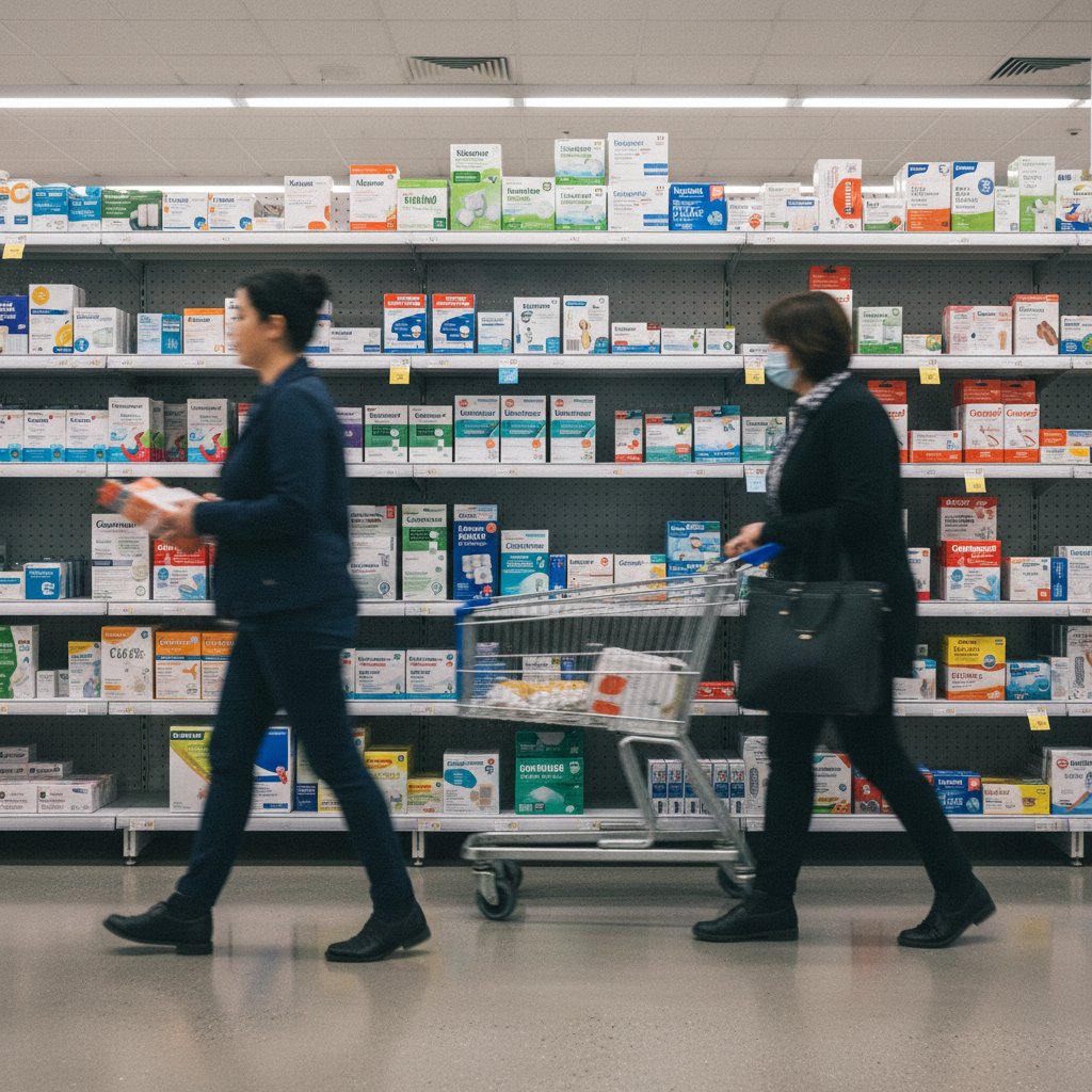 Półka z plastrami w aptece, różnorodne opakowania.