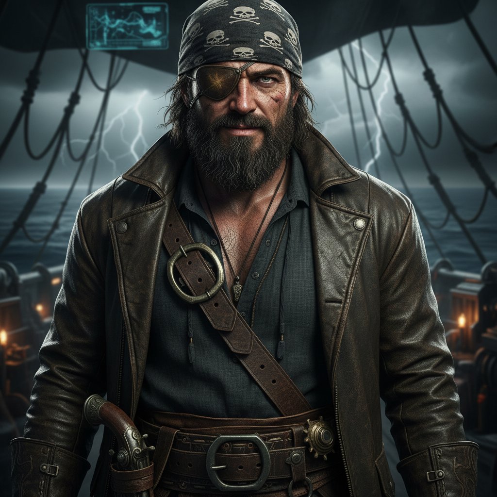 Gritty close-up portrait of modern pirate antihero with ambiguous expression in pirate movies