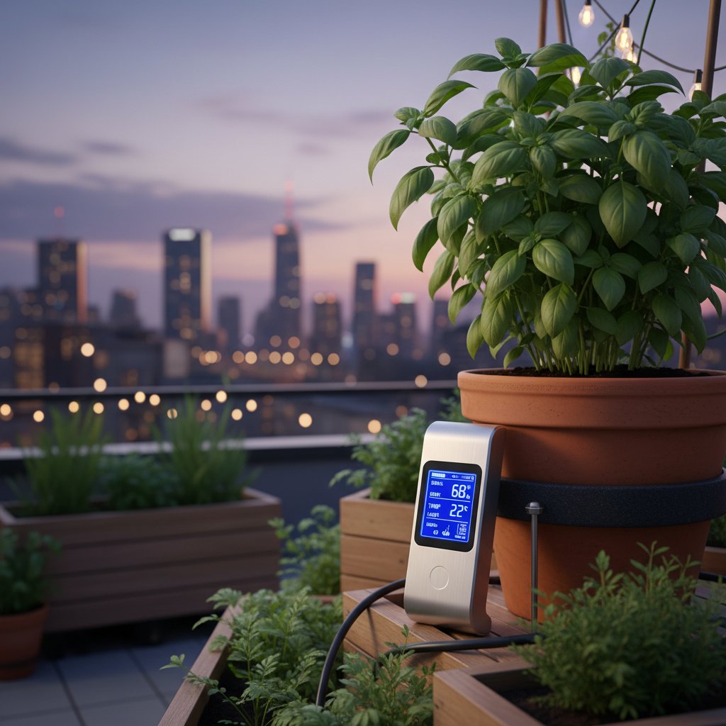 Nowoczesny sensor ogrodowy w miejskim ogrodzie, widoczne różnice w kondycji roślin