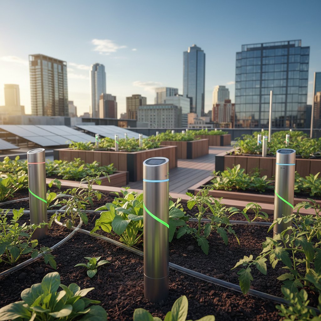 Nowoczesne sensory monitorujące rośliny, zasilane energią słoneczną, w miejskim ogrodzie