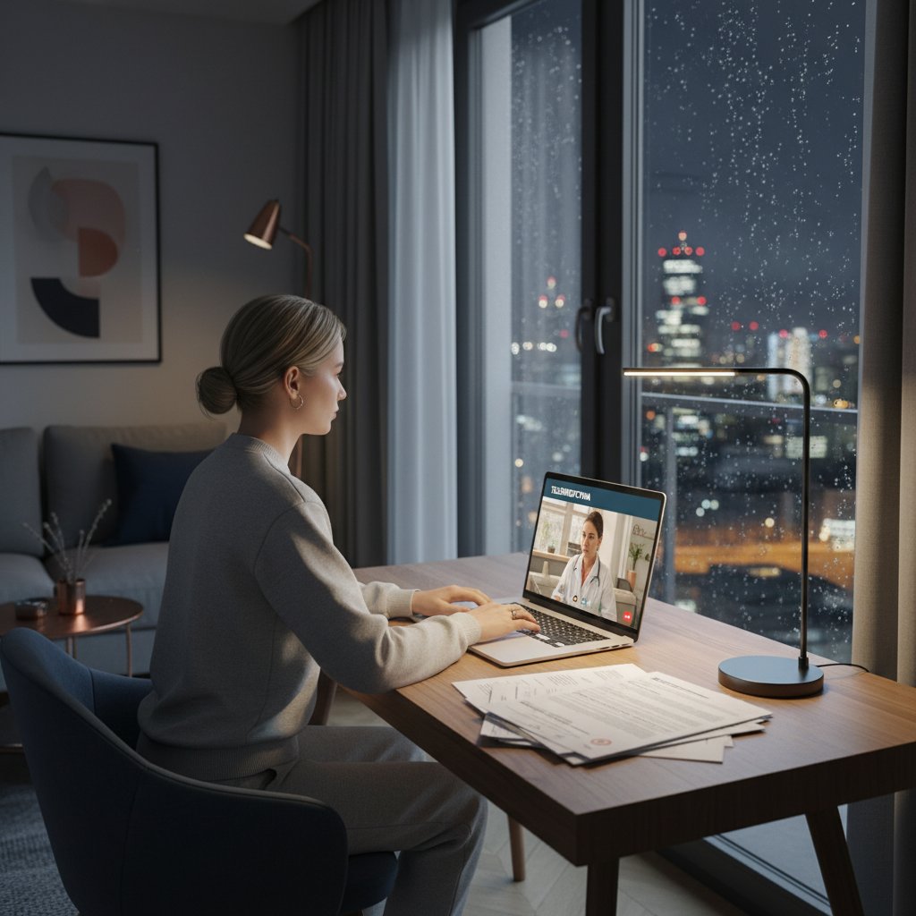 Nowoczesne konsultacje lekarskie online w polskim mieszkaniu nocą