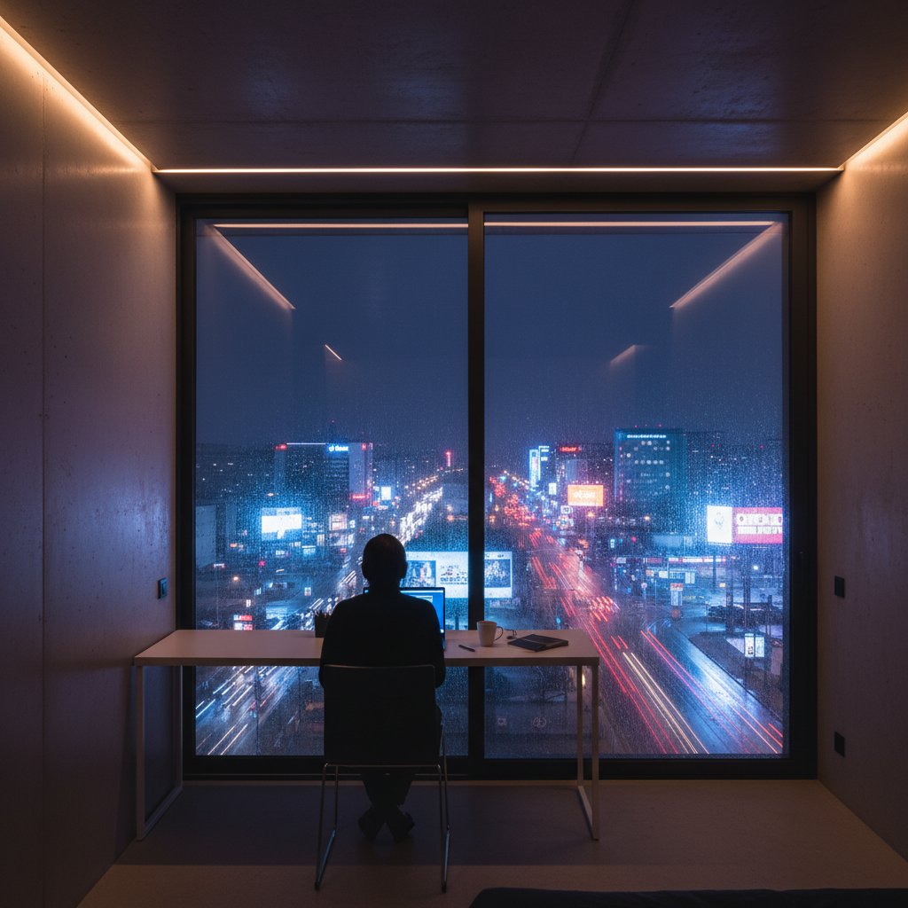 Osoba samotnie rozmawiająca online w nocnym mieszkaniu, rozmowa online bez rejestracji, poczucie izolacji