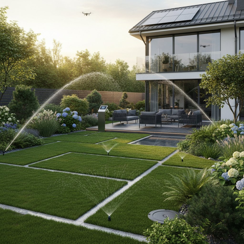 Nowoczesny polski ogród z widocznym automatycznym systemem zraszania, intensywna zieleń i elementy technologii