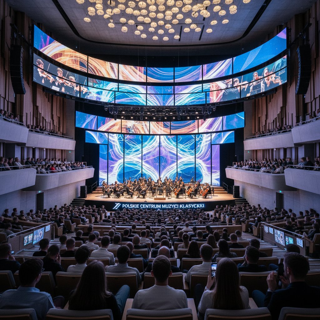 Nowoczesne polskie centrum muzyki klasycznej online, sala koncertowa z ekranami i młodą publicznością