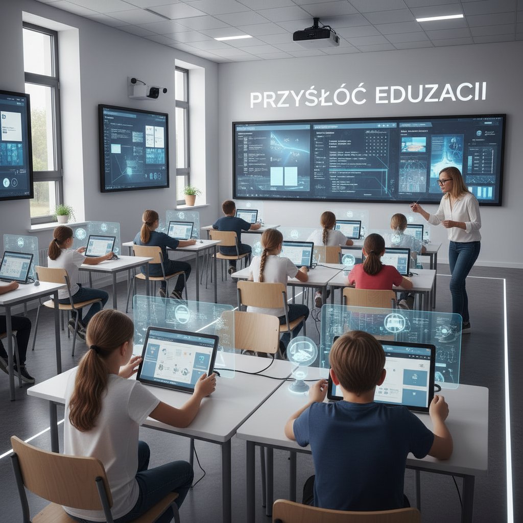 Nowoczesna polska klasa, uczniowie korzystają z tabletów i AI, nauczyciel wspiera