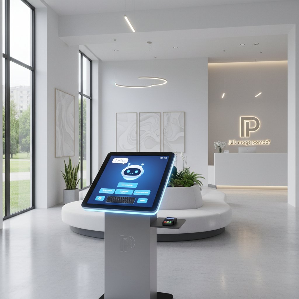 Nowoczesna polska klinika z widocznym terminalem do chatbotów