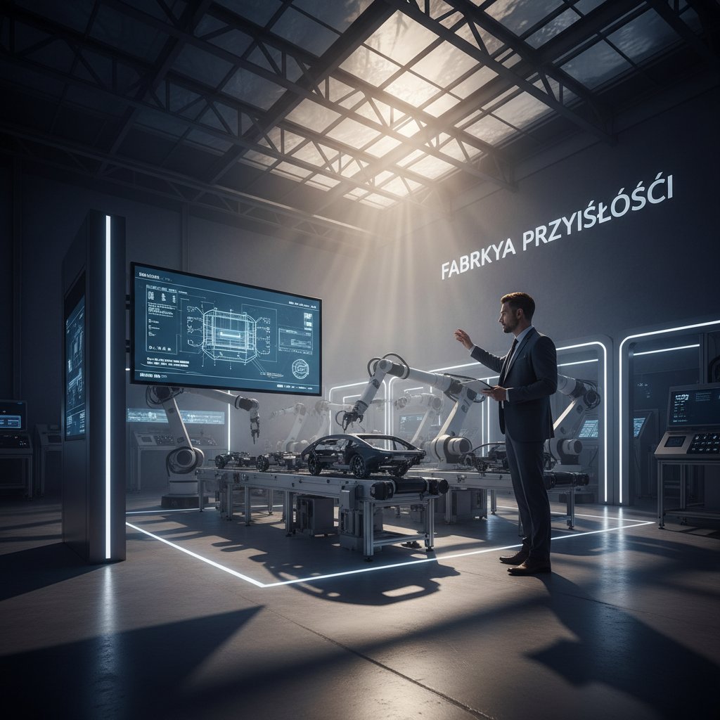 Nowoczesna hala produkcyjna w Polsce z dramatycznym oświetleniem, konsultant obserwujący procesy