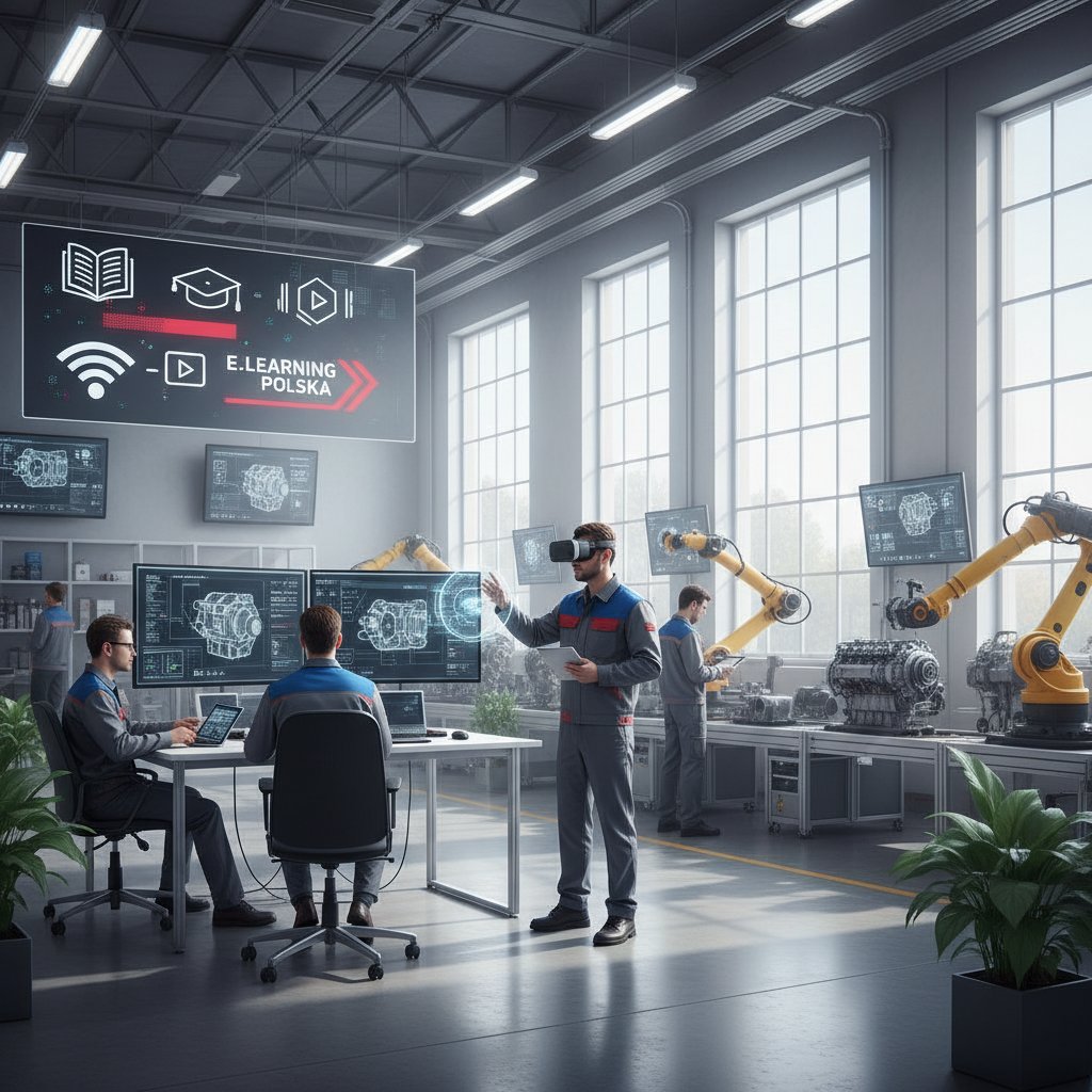 Nowoczesna polska fabryka, inżynierowie przy komputerach, symbole edukacji online na monitorach