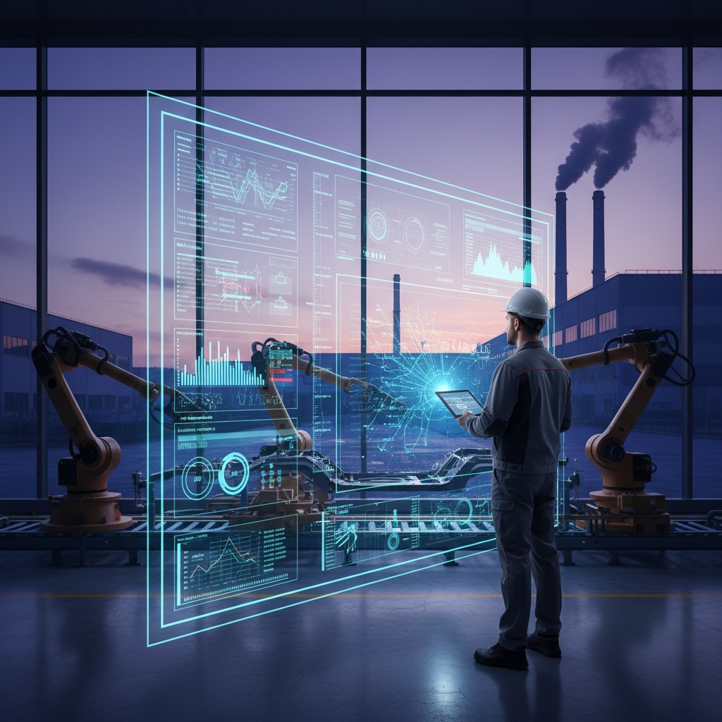 Nowoczesna hala produkcyjna z pracownikiem analizującym dane na tablecie