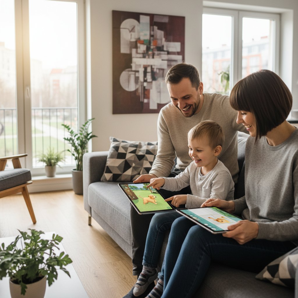 Nowoczesne polskie mieszkanie, dziecko i rodzic grają wspólnie w psa symulator adopcji na tablecie