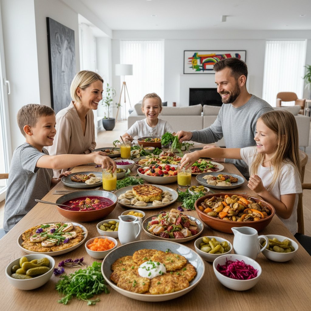 Nowoczesna polska rodzina przy kolorowym stole bez mięsa