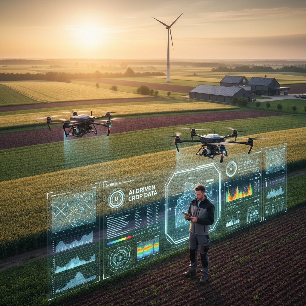 Nowoczesne polskie gospodarstwo z dronami, nakładkami danych i młodym rolnikiem analizującym dane AI, wschód słońca