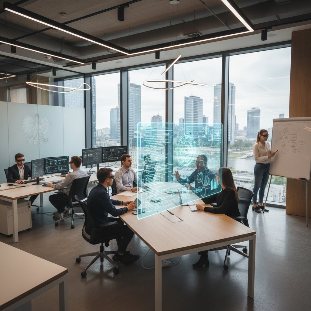 Nowoczesne biuro finansowe w Polsce, zespół analizujący dane z pomocą AI, atmosfera intensywnej pracy