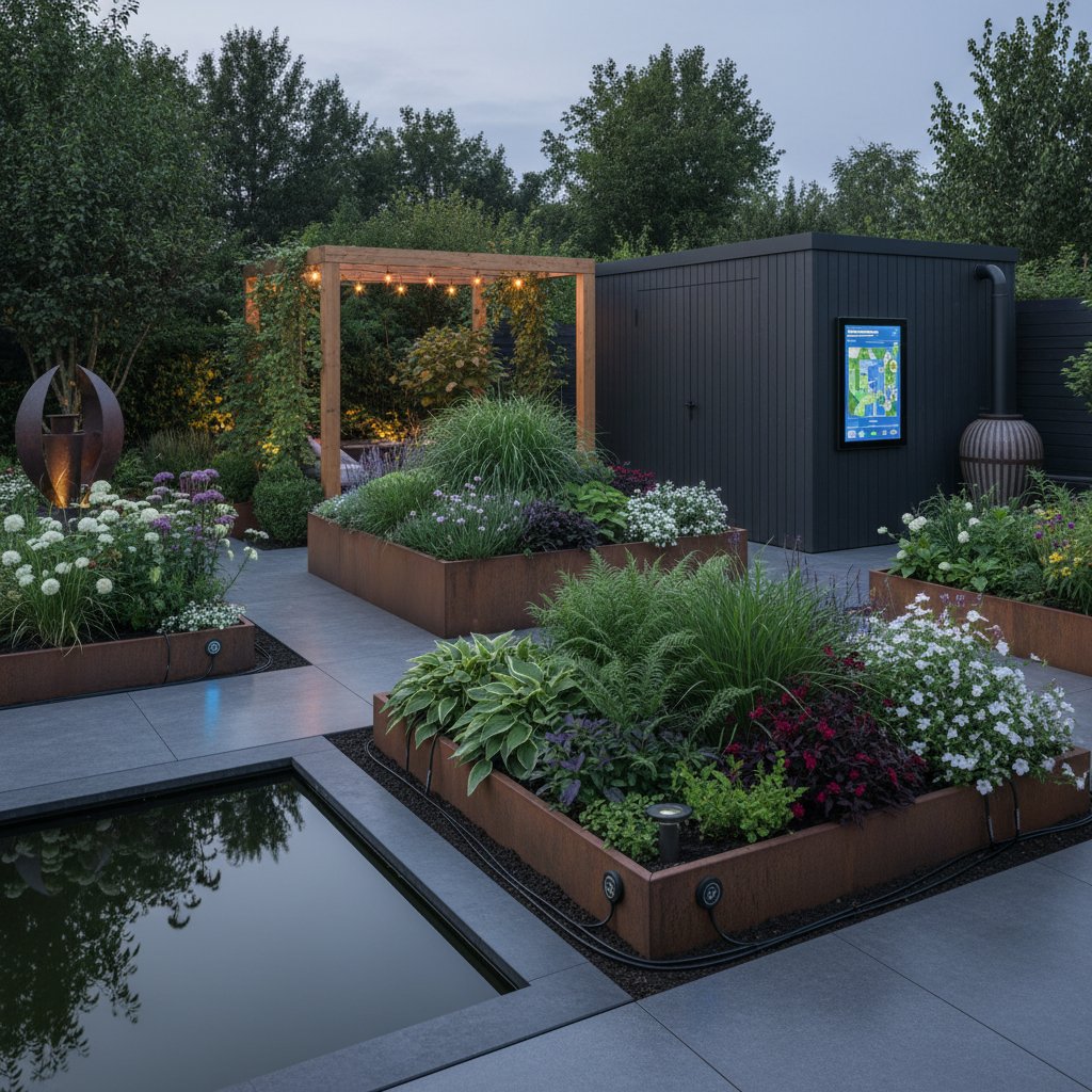 Nowoczesny system automatycznego nawożenia gleby w polskim ogrodzie, widoczne czujniki i aplikatory