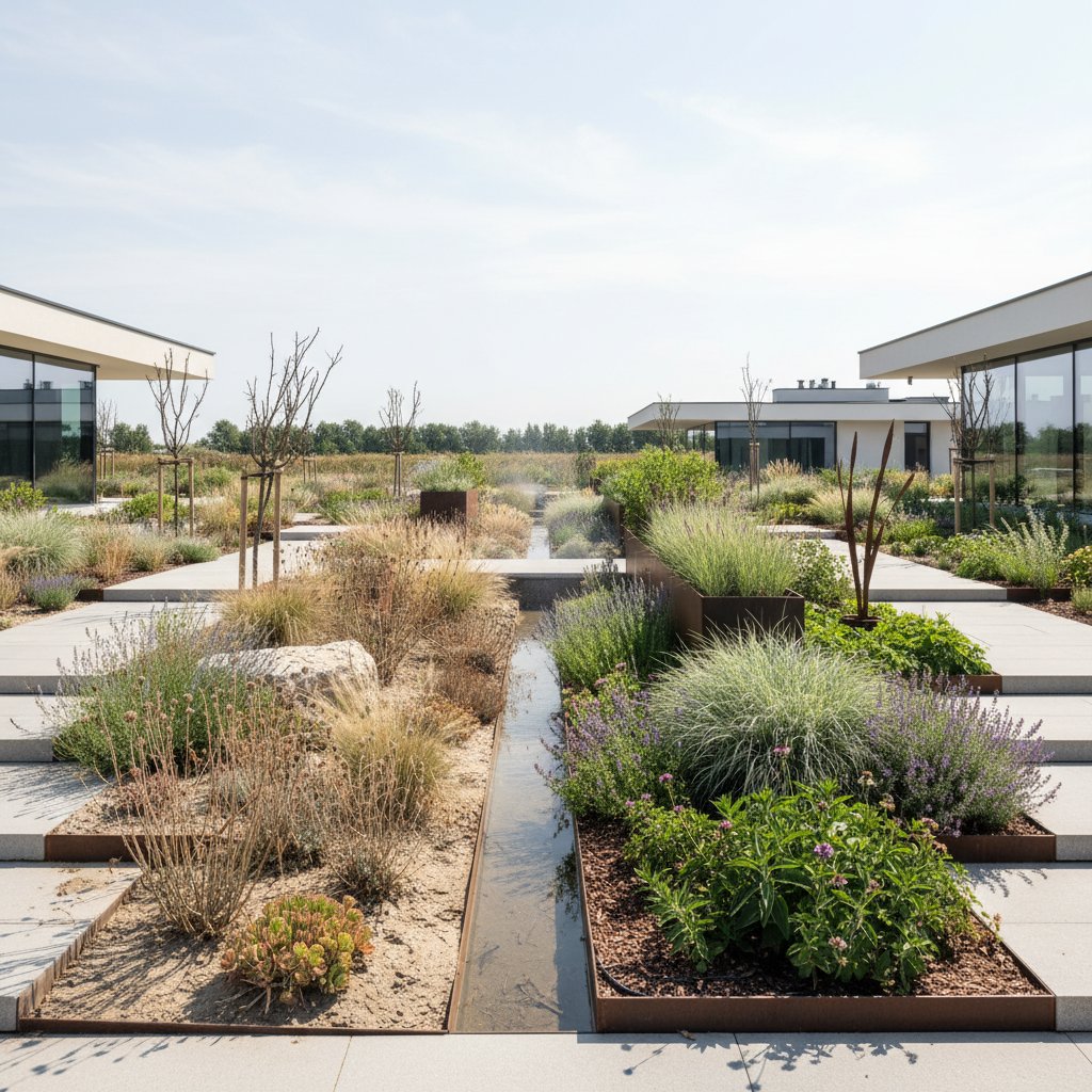 Zielony ogród z automatycznym systemem nawadniania i wyschnięty trawnik obok