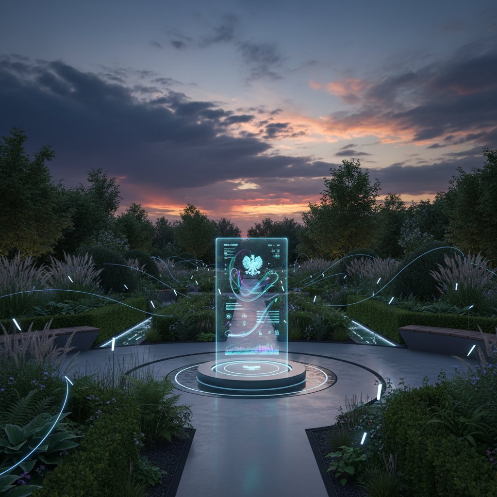 Nowoczesny polski ogród o zmierzchu z widocznymi smart sensorami i naturalną roślinnością