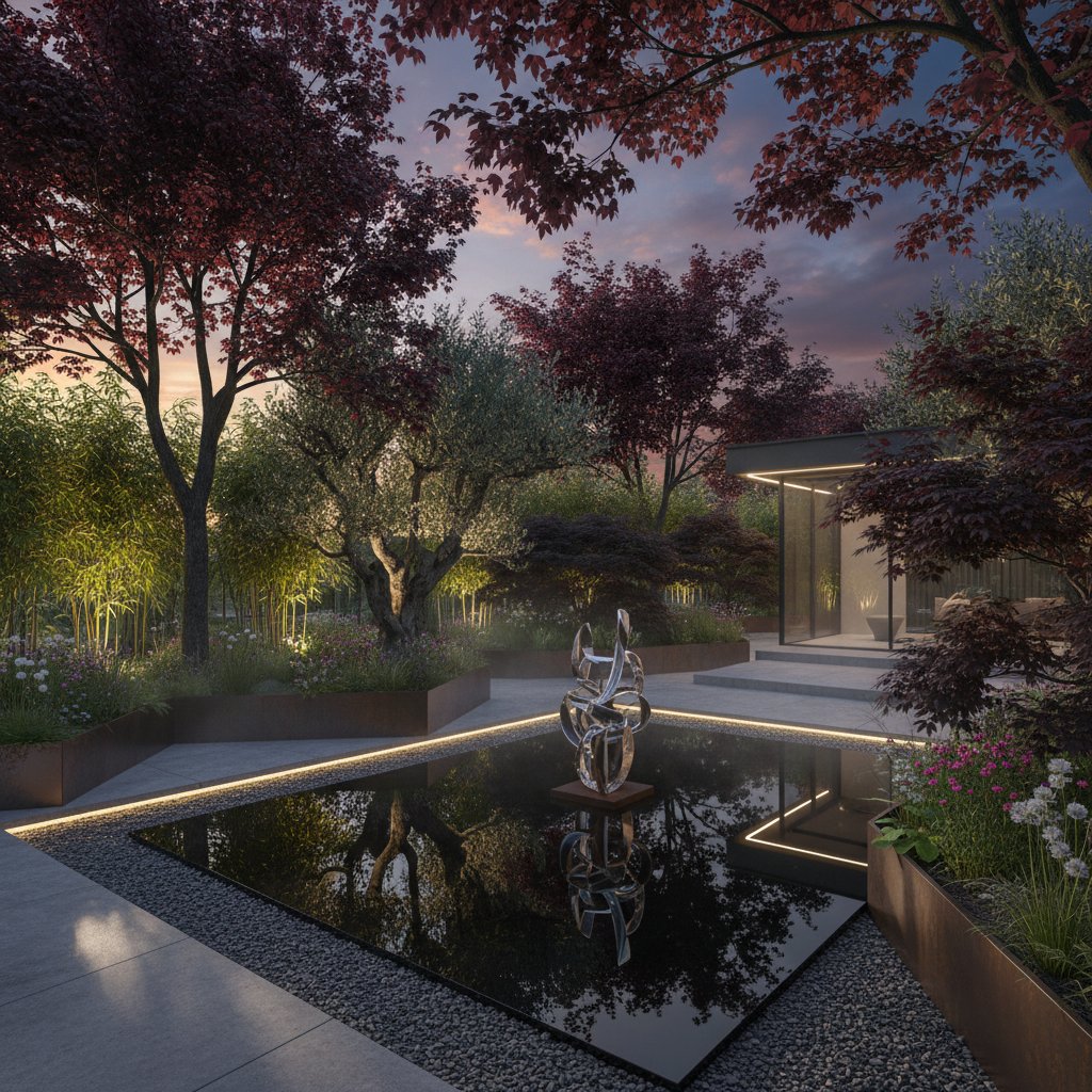 Nowoczesny polski ogród miejski z nieoczywistymi drzewami, dramatyczne światło, silny kontrast