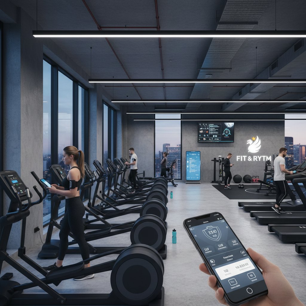 Nowoczesny polski klub fitness z ludźmi korzystającymi z aplikacji na smartfonach