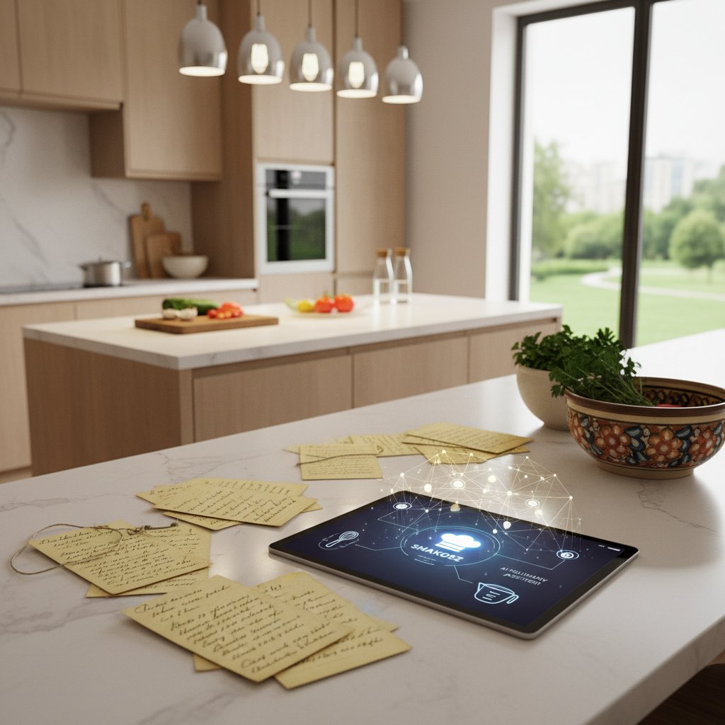 Nowoczesna kuchnia podzielona na dwie części: po lewej tradycja z książkami kucharskimi, po prawej technologia z aplikacją kulinarną na tablecie