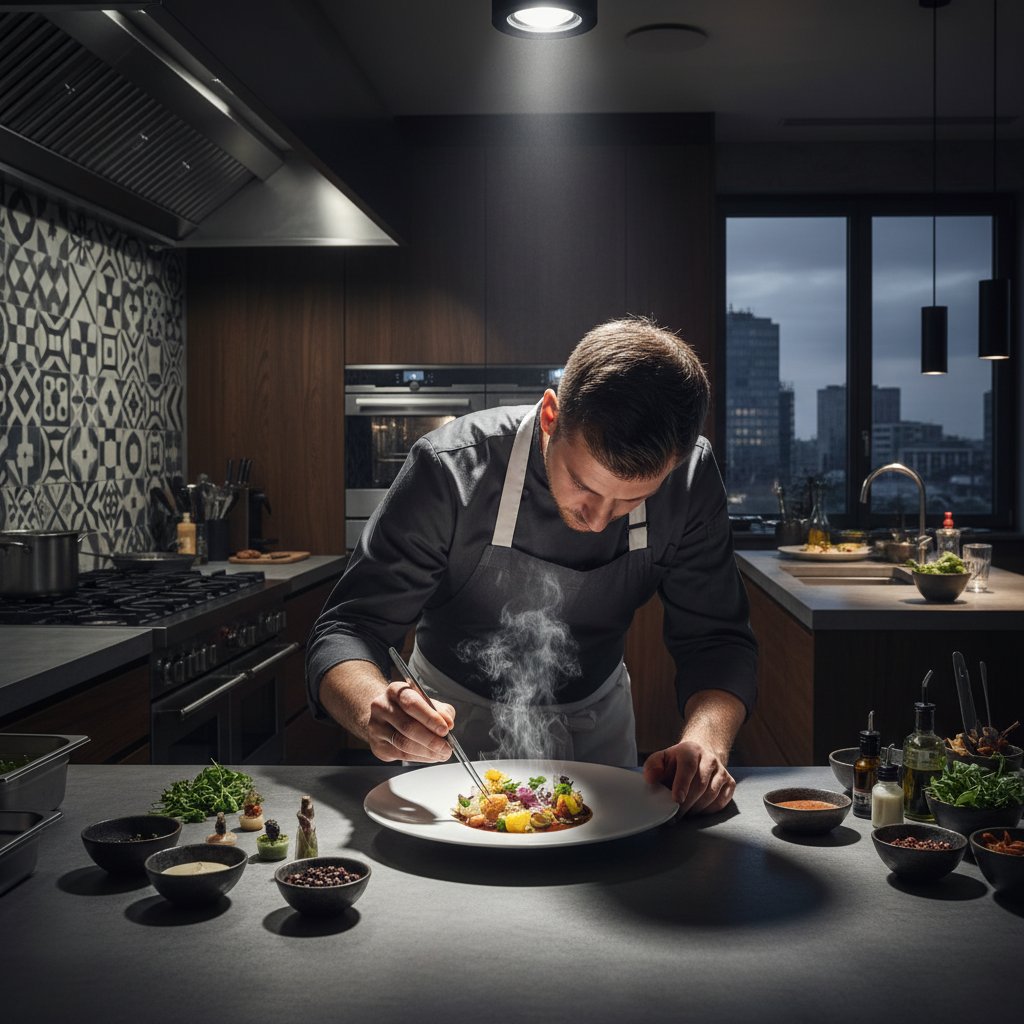 Nowoczesna domowa kuchnia podczas precyzyjnego platingu dania z użyciem pęsety, dramatyczne światło, para nad talerzem