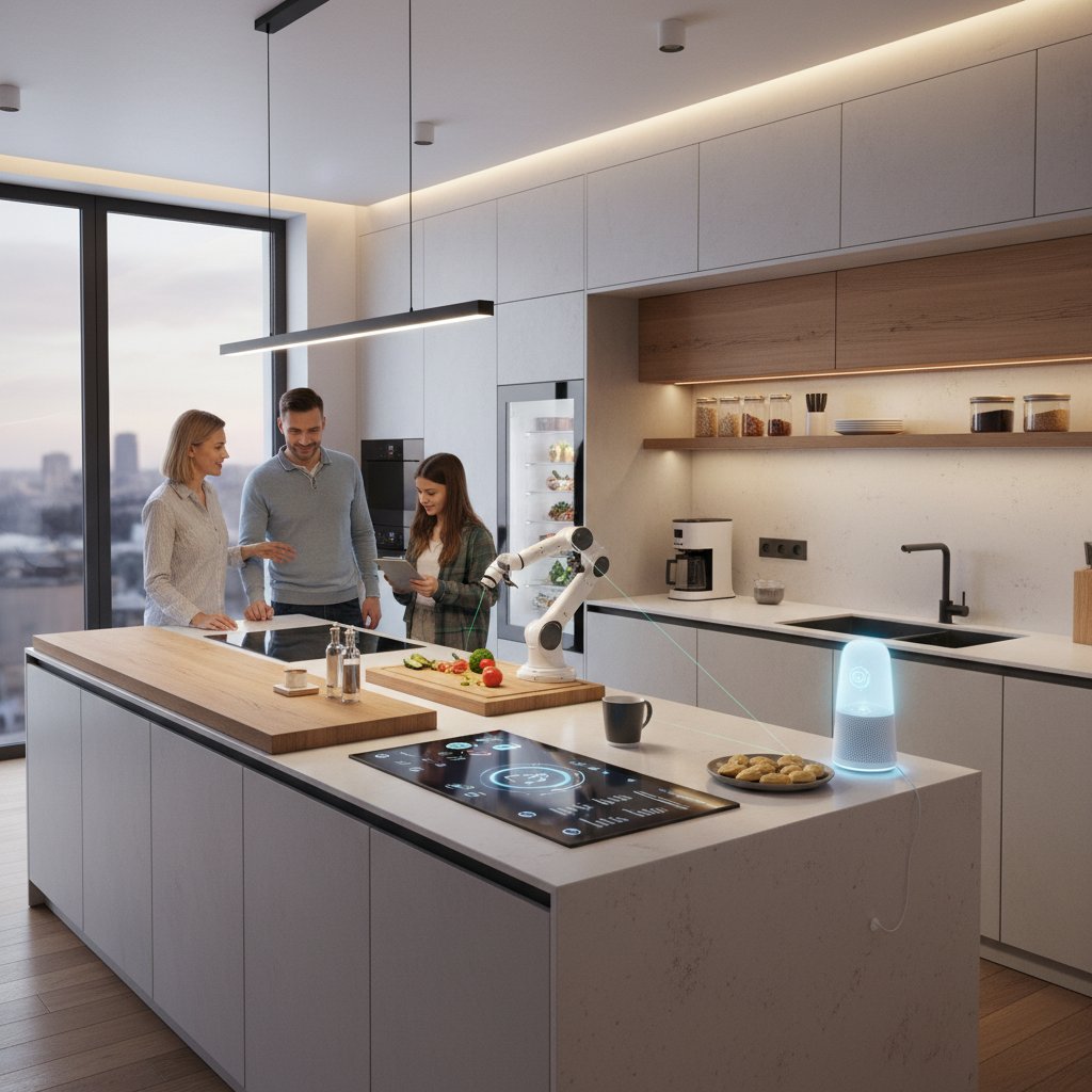 Nowoczesna polska kuchnia, inteligentne urządzenia, codzienne życie z AI, człowiek używa smartfona wśród maszyn