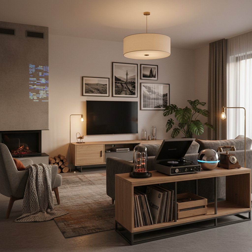 Nowoczesny polski salon z subtelną integracją asystenta AI, mieszanka analogowych i cyfrowych elementów, ciepłe oświetlenie