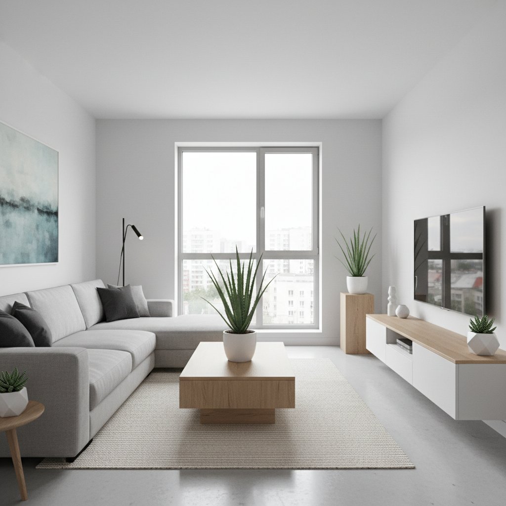 Nowoczesny polski salon z designerską doniczką aloesu, minimalistyczny wystrój