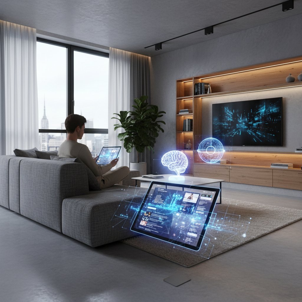 Nowoczesny polski salon, osoba przegląda newsy na tablecie, w tle elementy AI