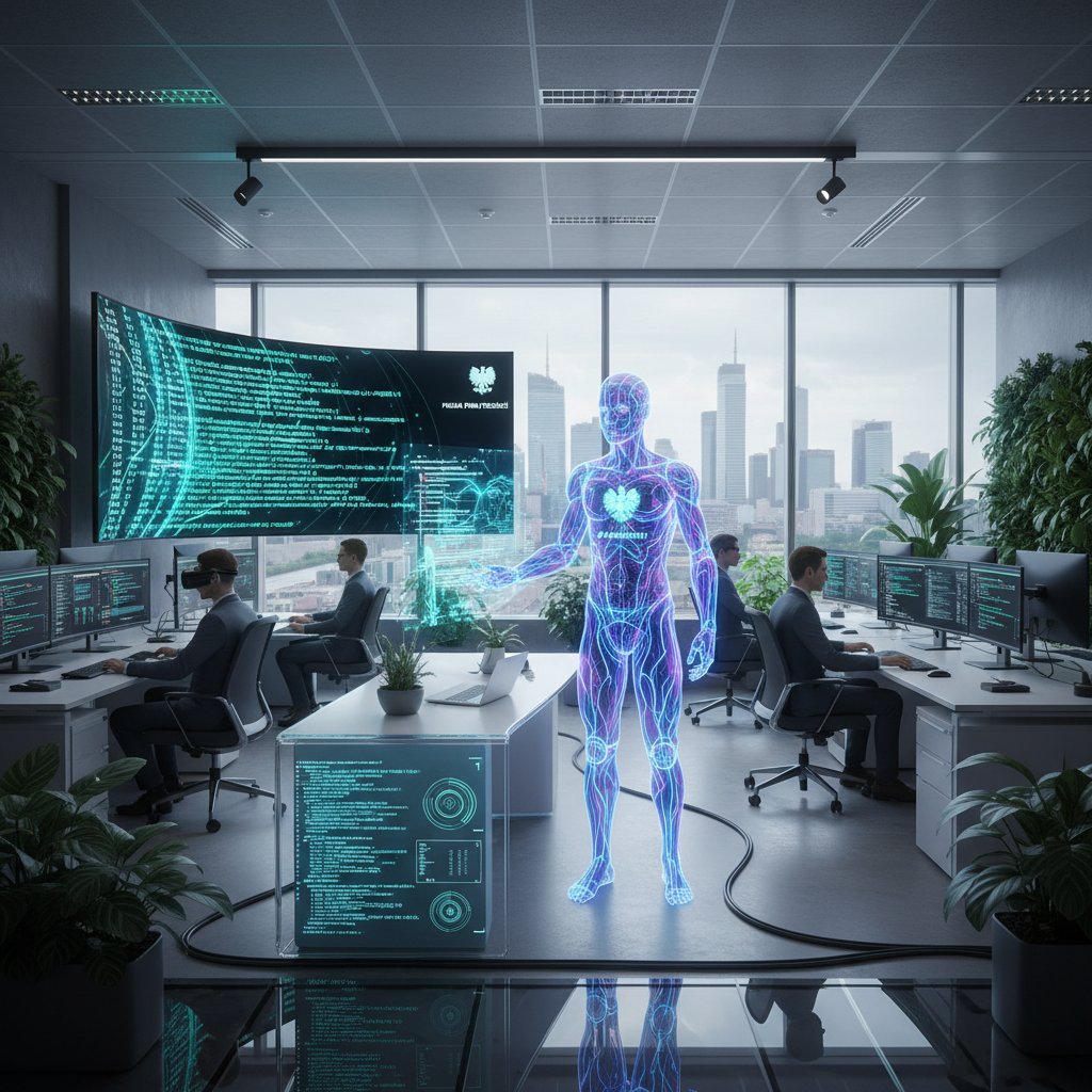 Nowoczesne biuro w Polsce z wirtualnym asystentem AI i pracownikiem przy jednym biurku