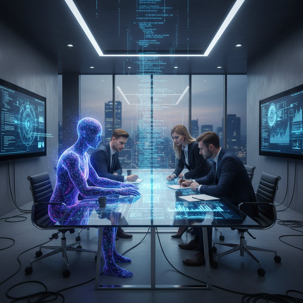 Nowoczesne biuro z pracownikiem HR i awatarem AI przy szklanym stole, motyw sztucznej inteligencji