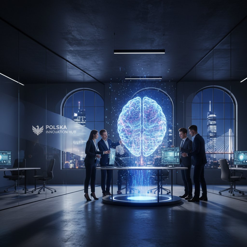 Nowoczesne biuro z żywą rozmową po jednej stronie i holograficznym ekspertem AI po drugiej, kontrast emocji