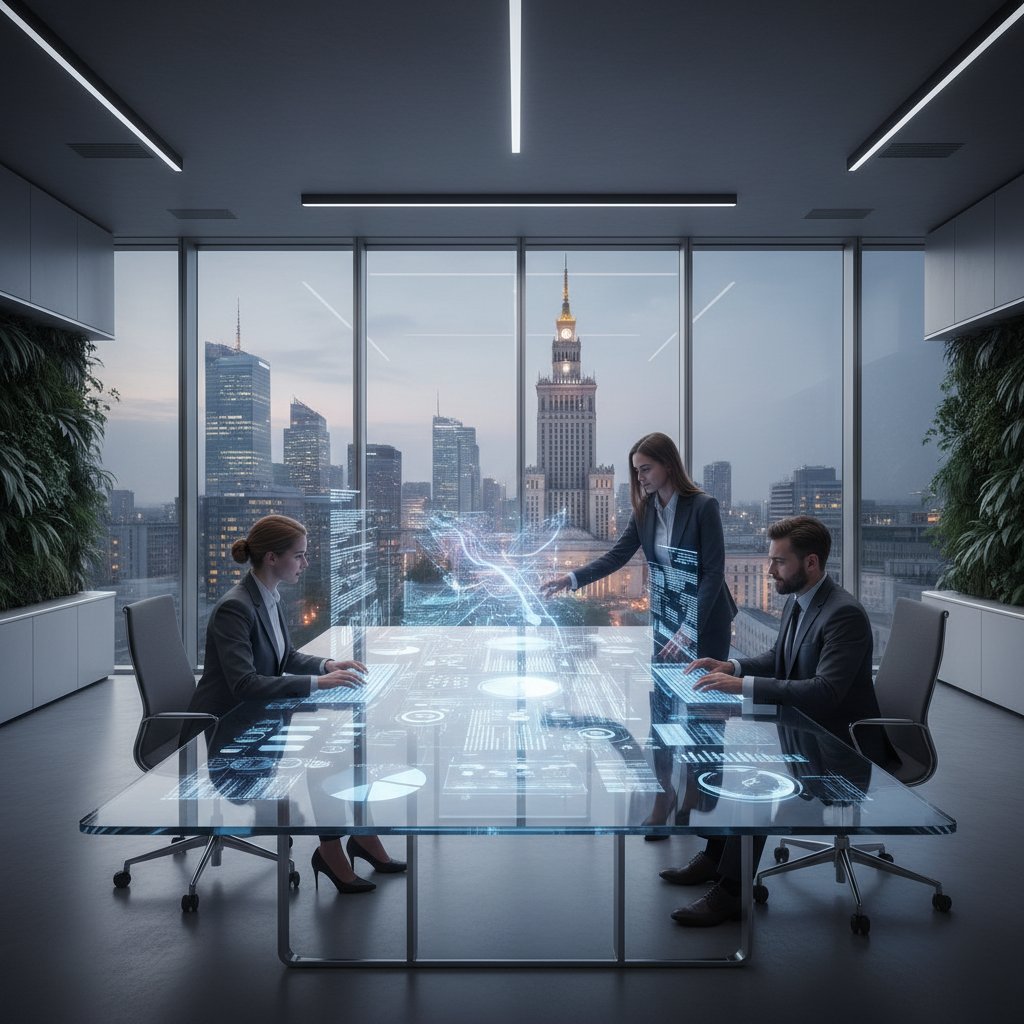 Nowoczesne polskie biuro z zespołem analizującym dane AI na ekranie