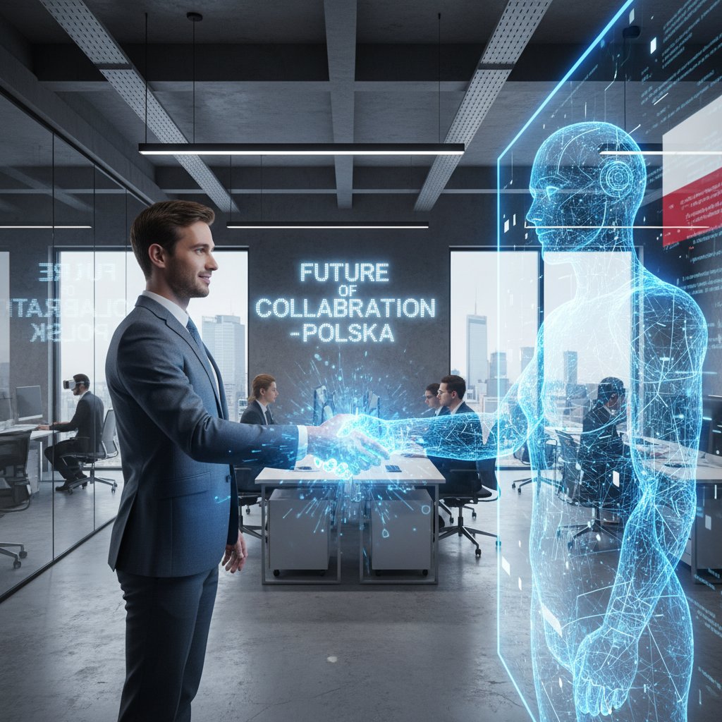 Nowoczesne polskie biuro, cyfrowy uścisk dłoni między człowiekiem a awatarem AI