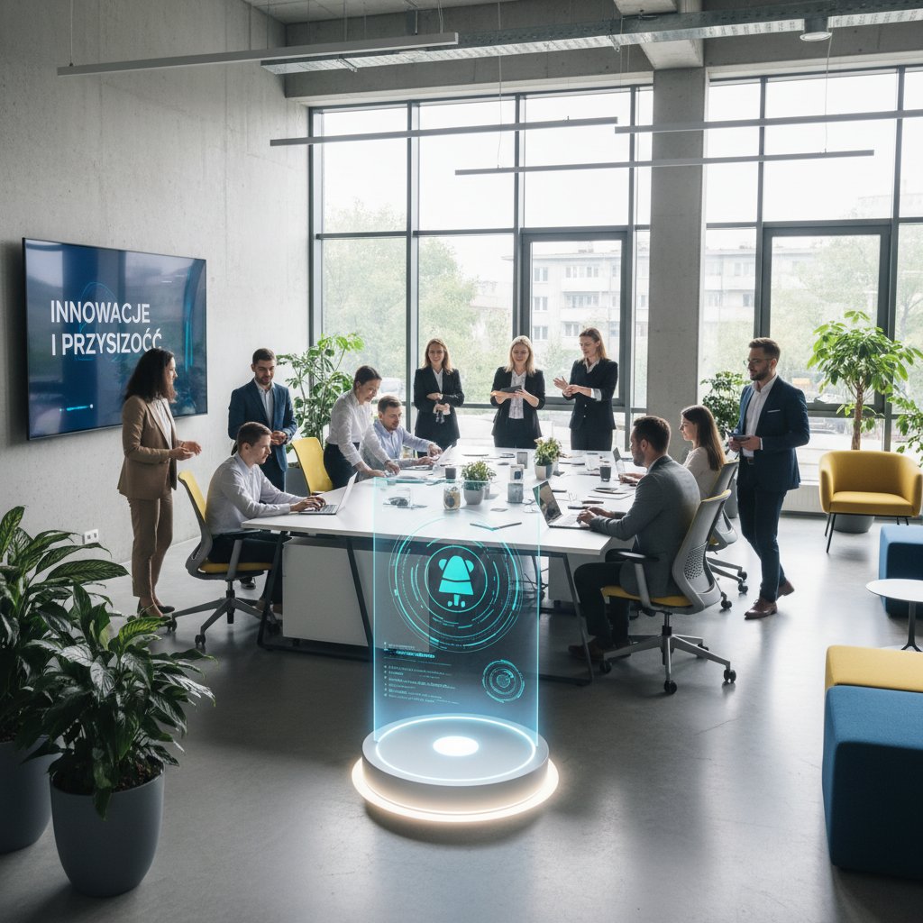 Zespół w polskim biurze korzystający z asystenta AI na dużym ekranie