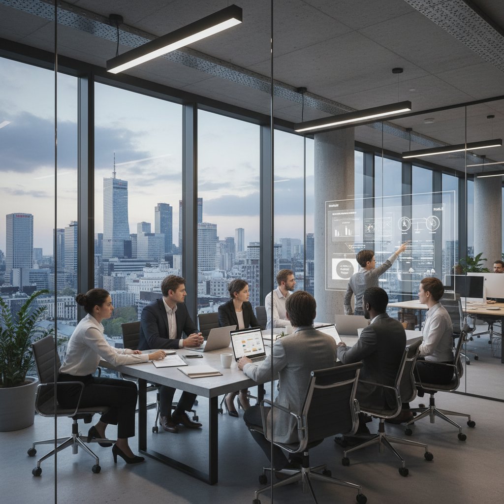 Nowoczesne biuro w Polsce, wieczorem, z zespołem dyskutującym przy stole; atmosfera napięcia i technologii