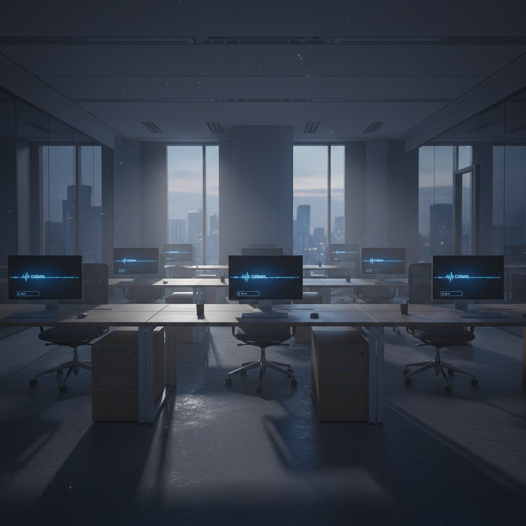 Nowoczesne biuro z pustymi stanowiskami i wyświetlonym interfejsem chatbota na monitorze – symbol redukcji zatrudnienia dzięki chatbotom