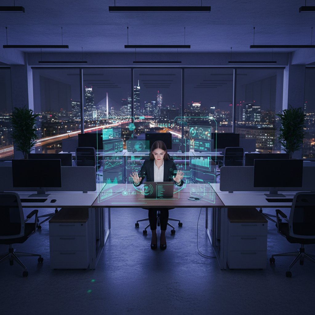 Nowoczesne biuro w Polsce nocą z pustymi biurkami i analizującą dane osobą