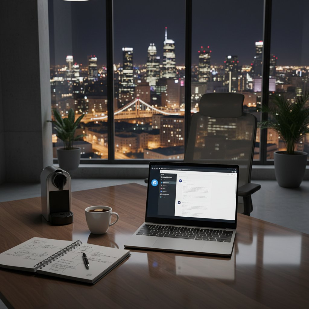 Nowoczesne biuro w Polsce nocą, laptop z interfejsem ChatGPT Plus, notatki i kawa