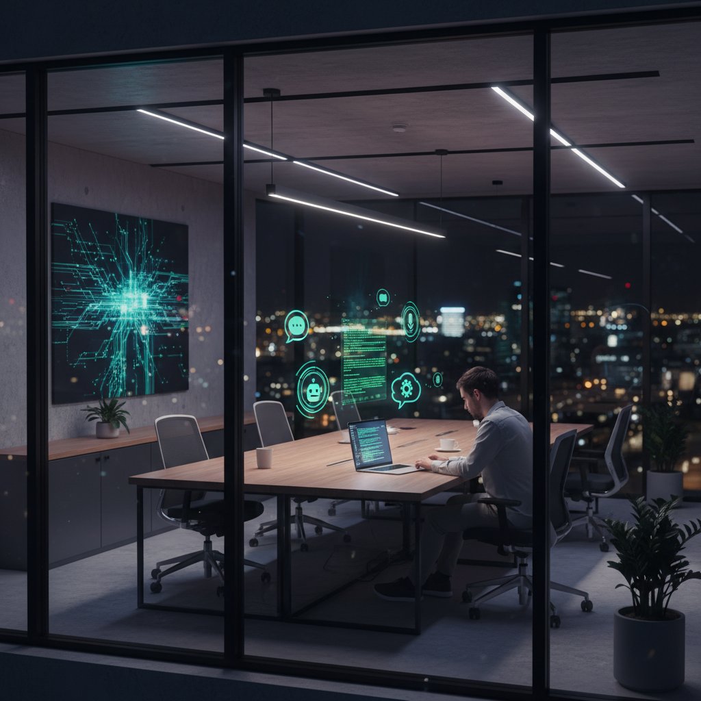 Nowoczesne polskie biuro nocą, osoba pracująca przy laptopie z symbolami chatbota i kodem