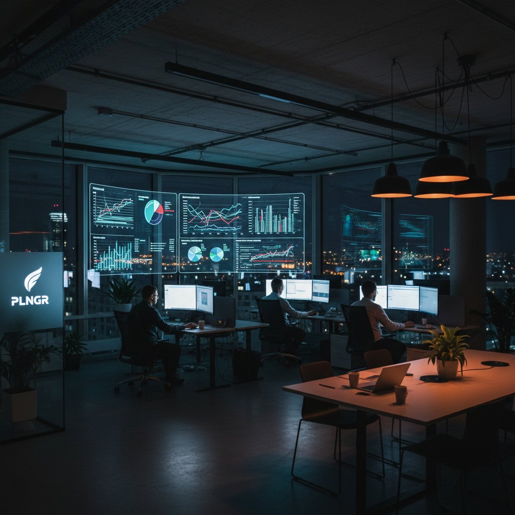 Nowoczesne biuro w Polsce nocą, zespół analizuje wykresy optymalizacji zasobów na ekranach