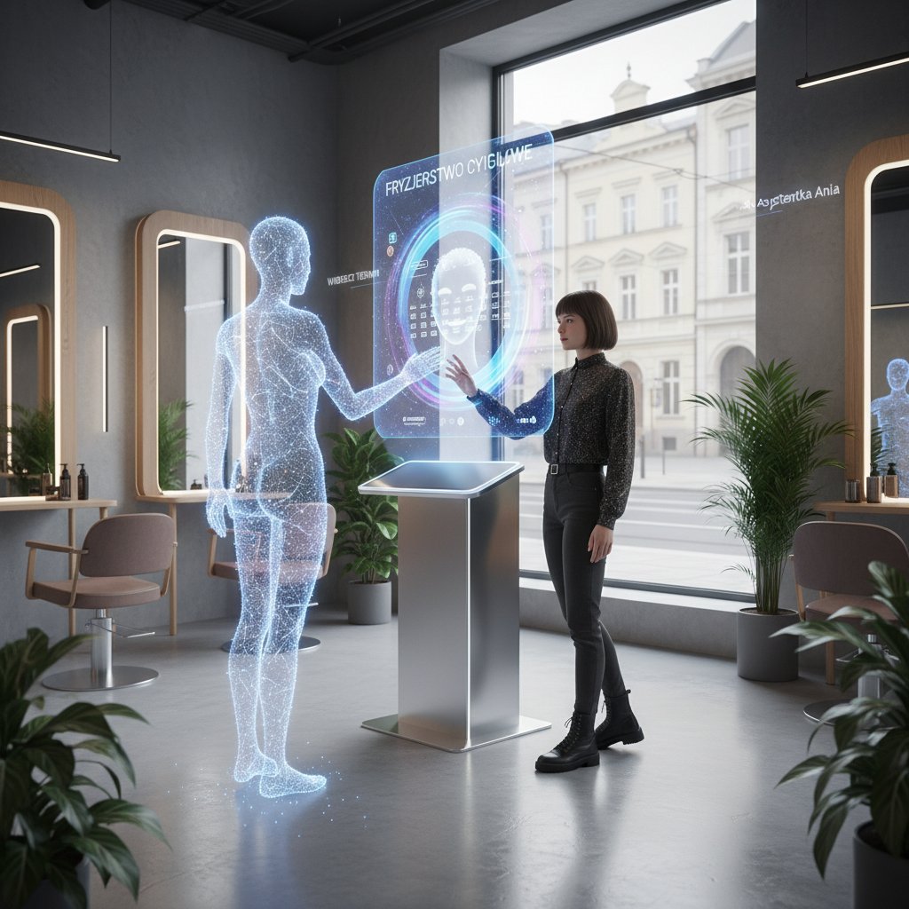 Nowoczesny salon usługowy z holograficznym interfejsem rezerwacji AI