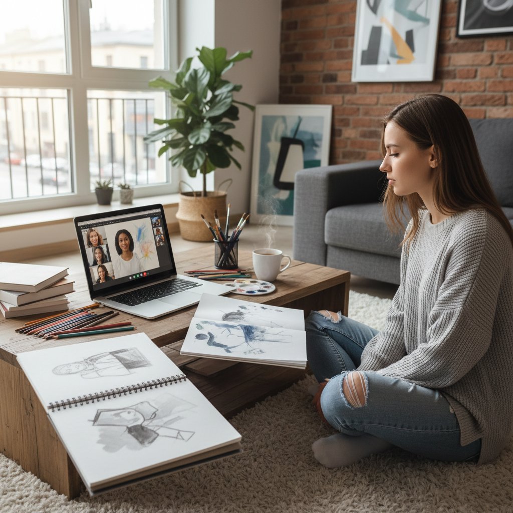 Uczeń technikum plastycznego podczas lekcji online w domu, z notatnikami i laptopem na biurku, oddany pracy twórczej